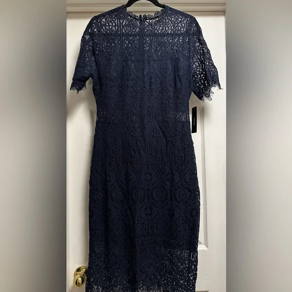 Never Worn with Tag Lulus Remarkable Navy Blue Sheer Lace Short Sleeve Dress - Picture 3 of 11